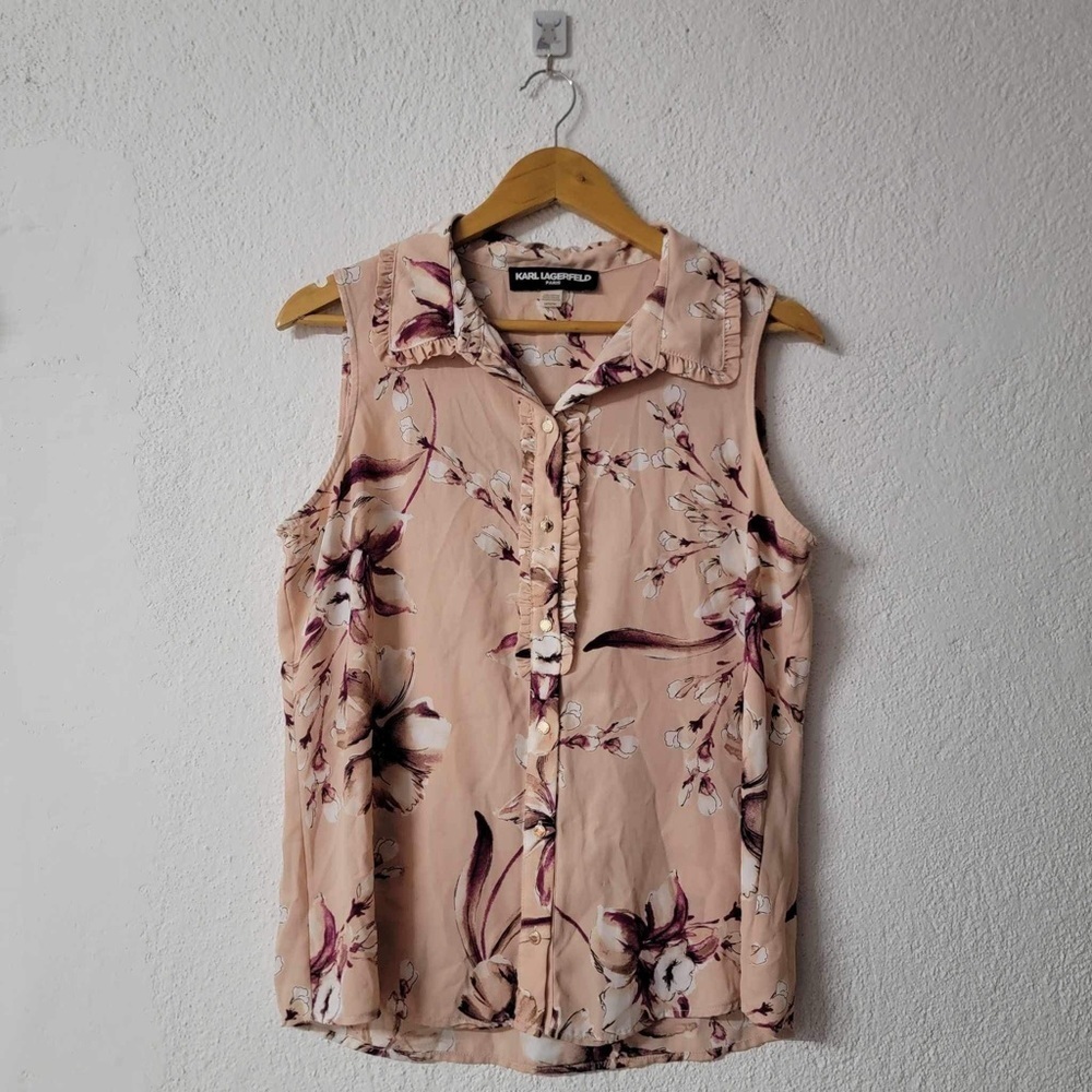 Karl Lagerfeld Pink Floral Sleeveless Button Up Blouse Medium
